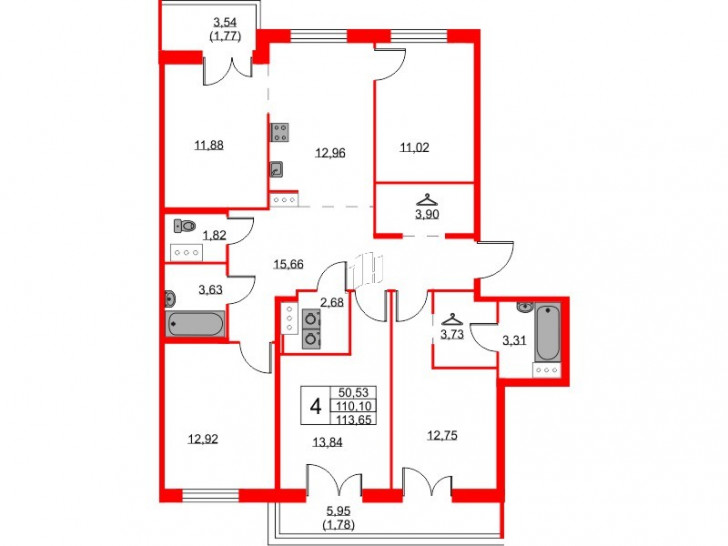 Четырёхкомнатная квартира 113.65 м²