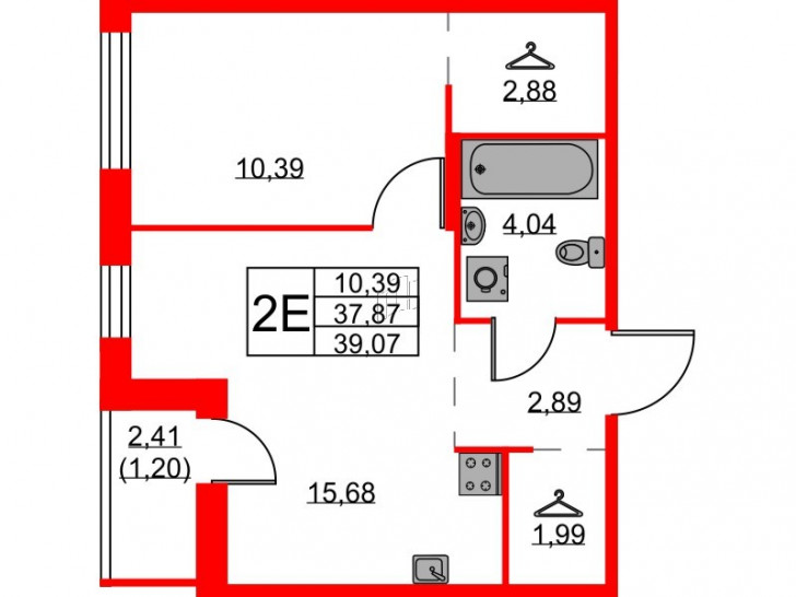 Однокомнатная квартира 39.07 м²