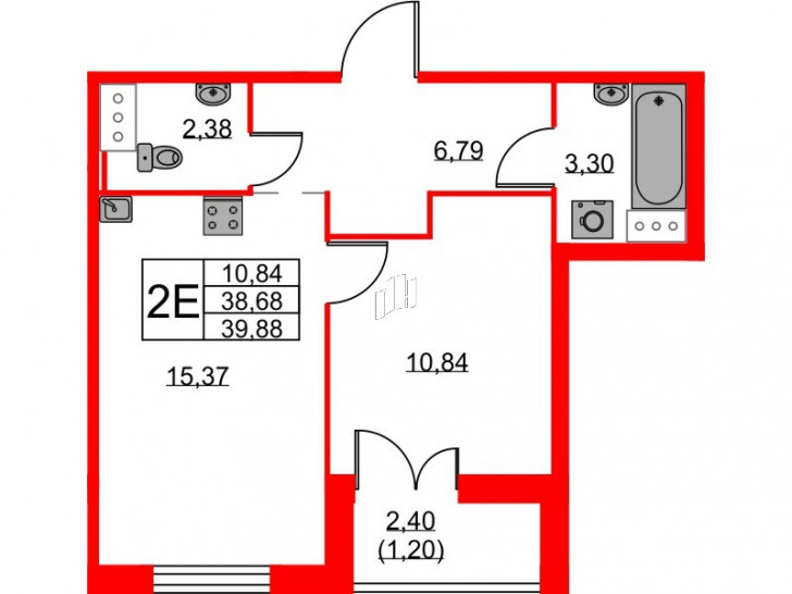 Однокомнатная квартира 39.88 м²