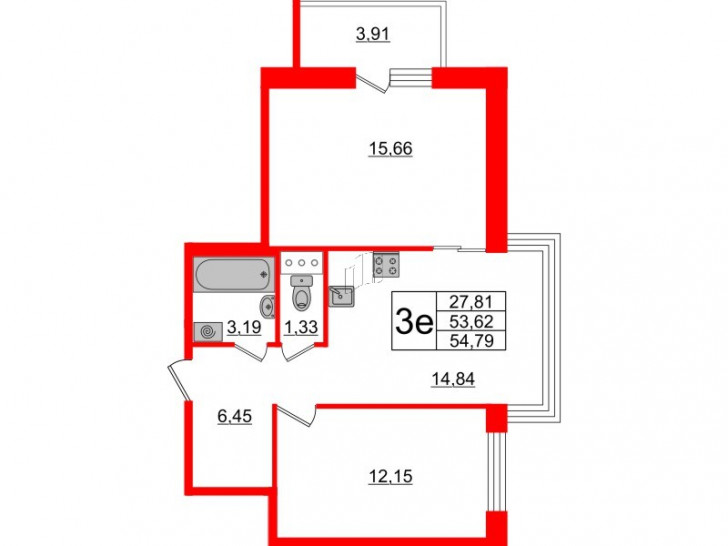 Двухкомнатная квартира 54.79 м²