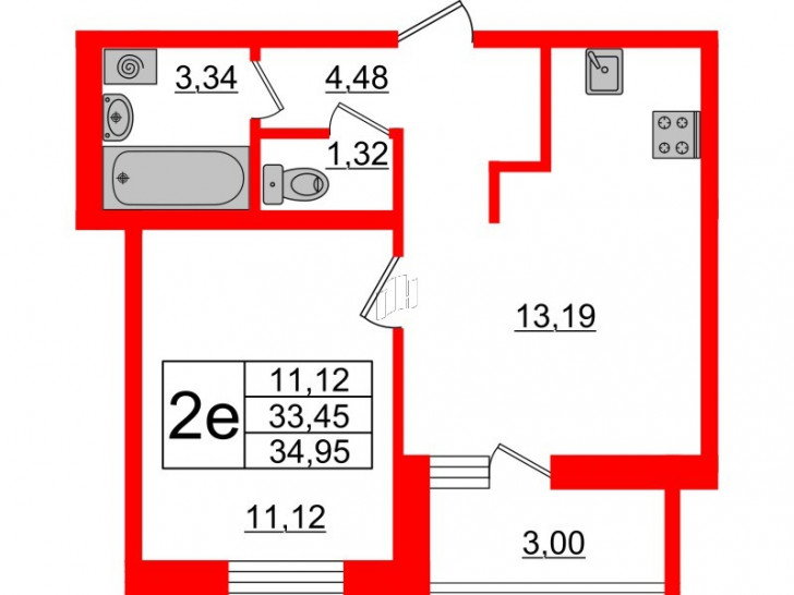 Однокомнатная квартира 34.95 м²