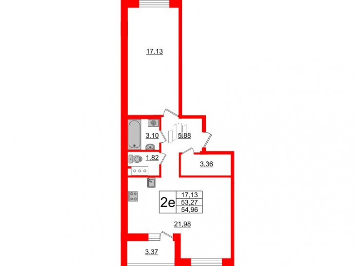 Однокомнатная квартира 54.96 м²
