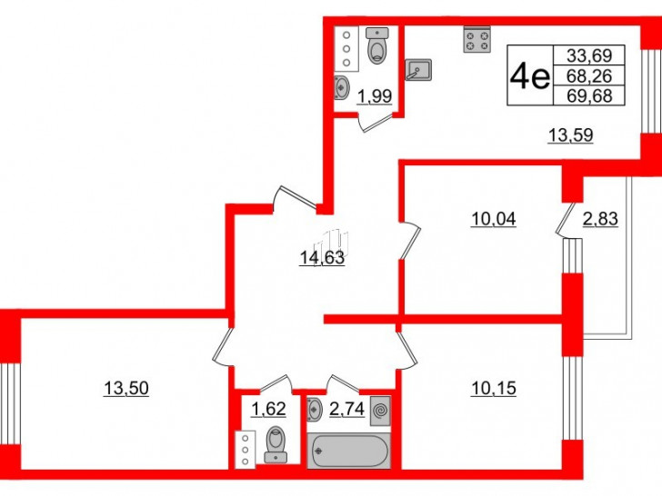 Трёхкомнатная квартира 69.68 м²
