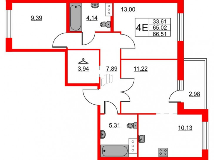 Трёхкомнатная квартира 66.51 м²