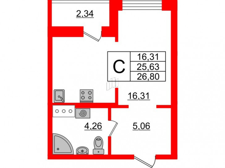 Студия 26.8 м²
