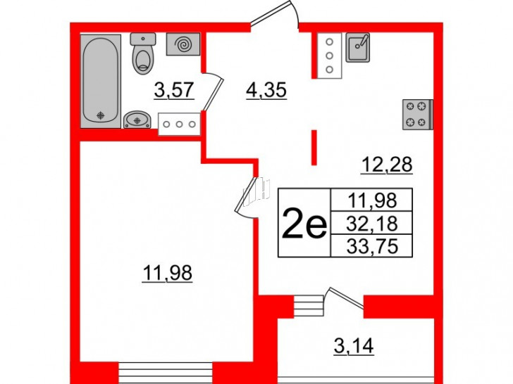 Однокомнатная квартира 33.75 м²