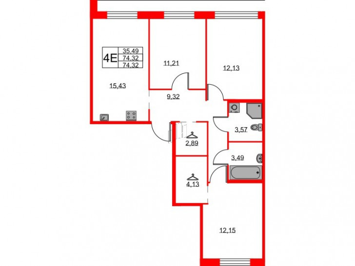 Трёхкомнатная квартира 74.32 м²