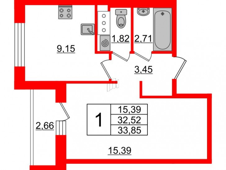 Однокомнатная квартира 33.85 м²