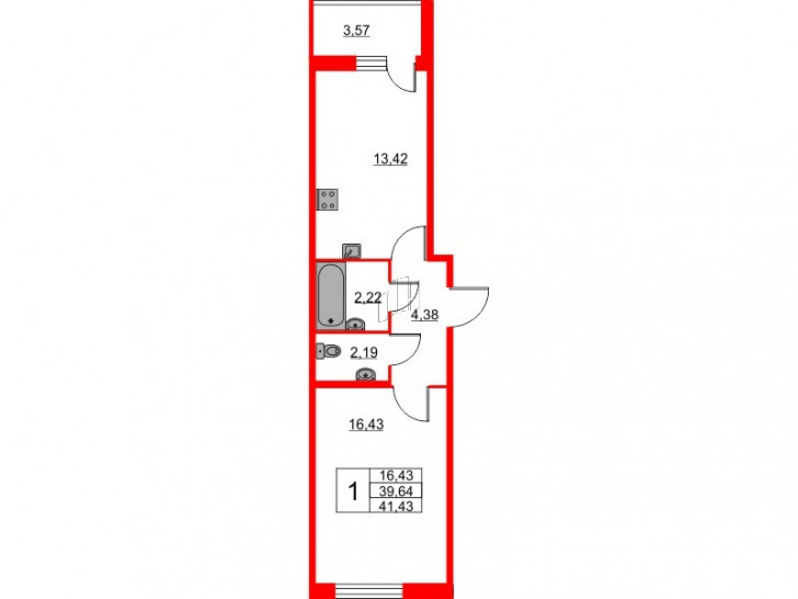 Однокомнатная квартира 41.43 м²