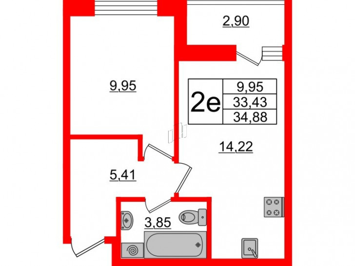 Однокомнатная квартира 34.88 м²