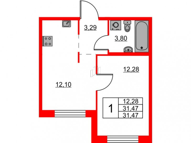 Однокомнатная квартира 31.47 м²