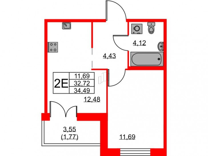 Однокомнатная квартира 34.49 м²