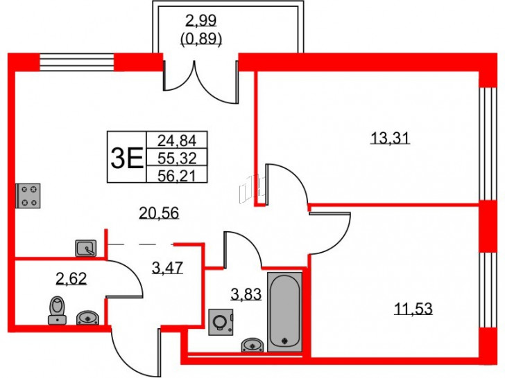 Двухкомнатная квартира 56.21 м²