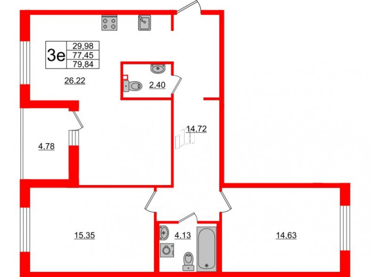 Двухкомнатная квартира 79.84 м²