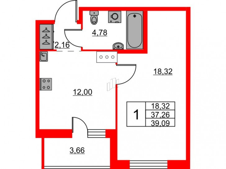 Однокомнатная квартира 39.09 м²