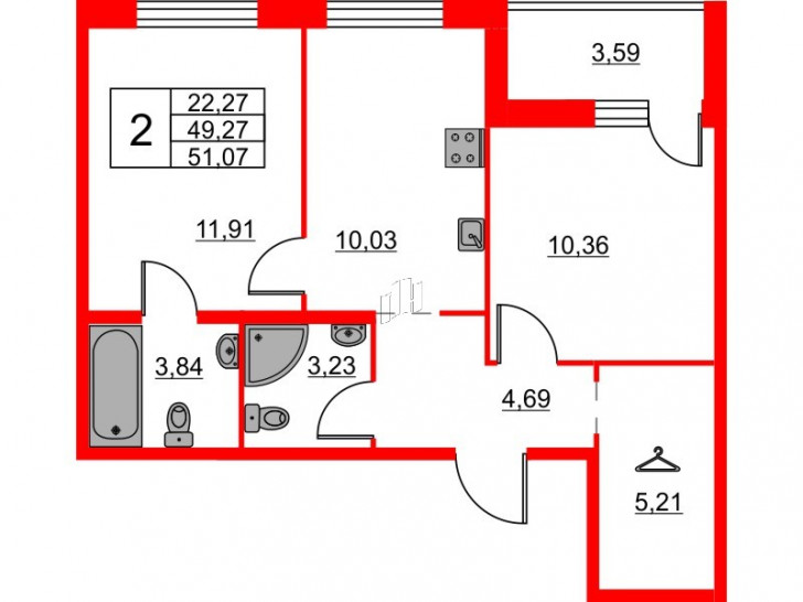 Двухкомнатная квартира 51.07 м²