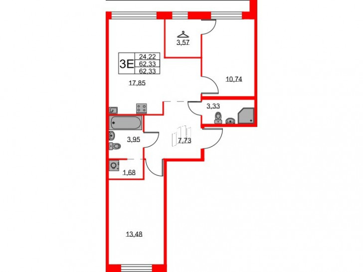 Двухкомнатная квартира 62.33 м²