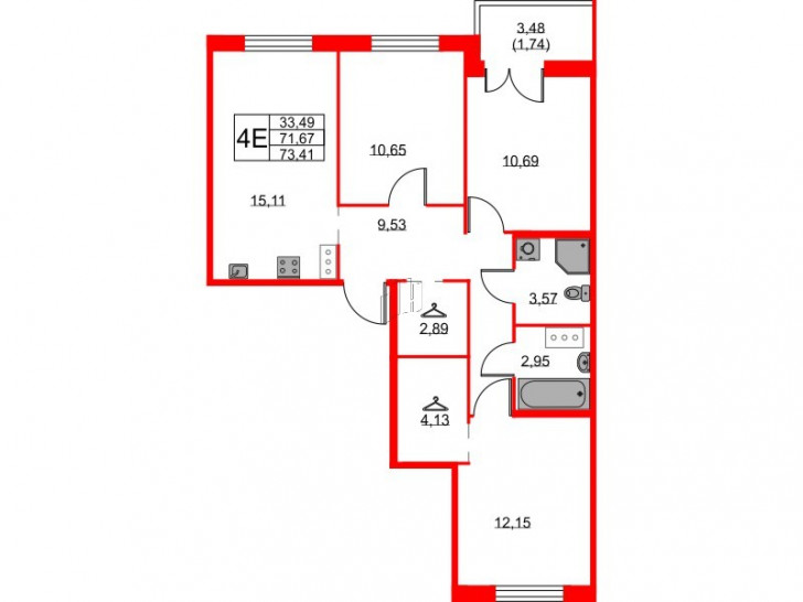 Трёхкомнатная квартира 73.41 м²