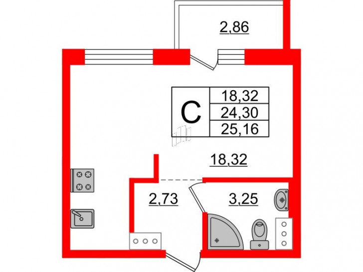 Студия 25.16 м²