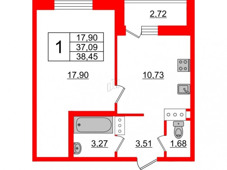 Однокомнатная квартира 38.45 м²
