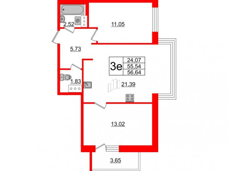 Двухкомнатная квартира 56.64 м²