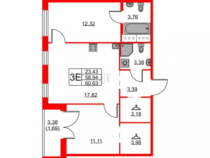 Двухкомнатная квартира 60.63 м²