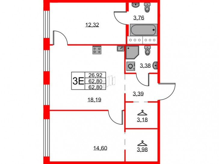 Двухкомнатная квартира 62.8 м²