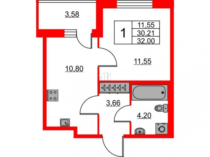 Однокомнатная квартира 32 м²