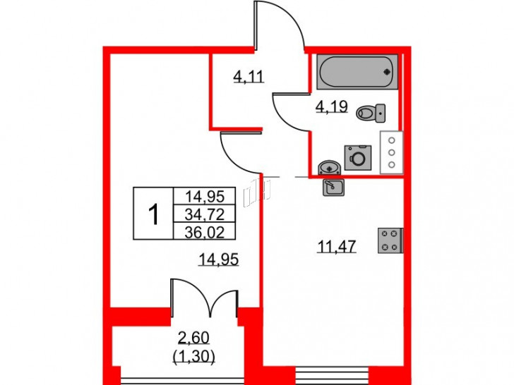Однокомнатная квартира 36.02 м²