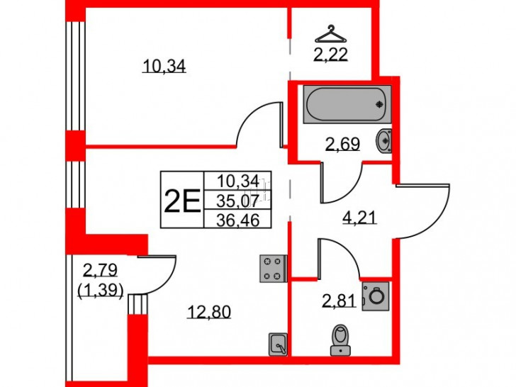 Однокомнатная квартира 36.46 м²