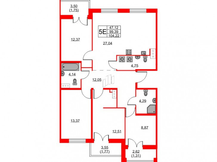 Четырёхкомнатная квартира 104.22 м²