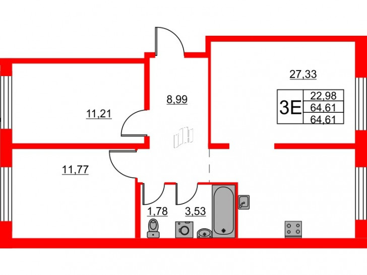 Двухкомнатная квартира 64.61 м²