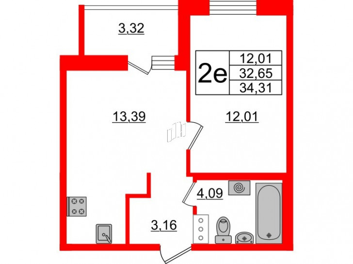 Однокомнатная квартира 34.31 м²