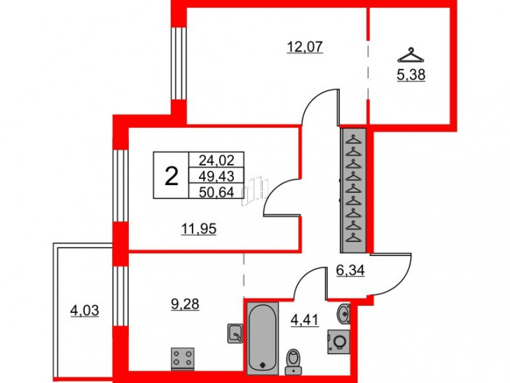 Двухкомнатная квартира 50.64 м²