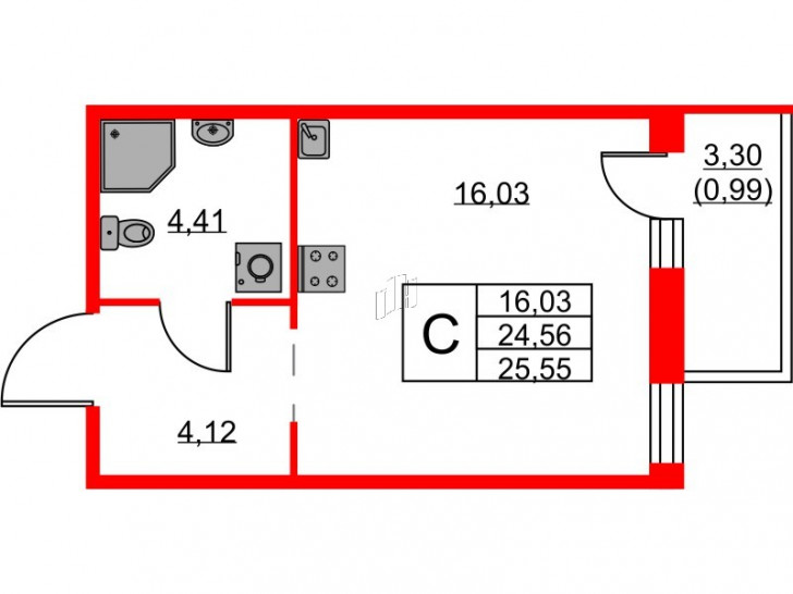 Студия 25.55 м²