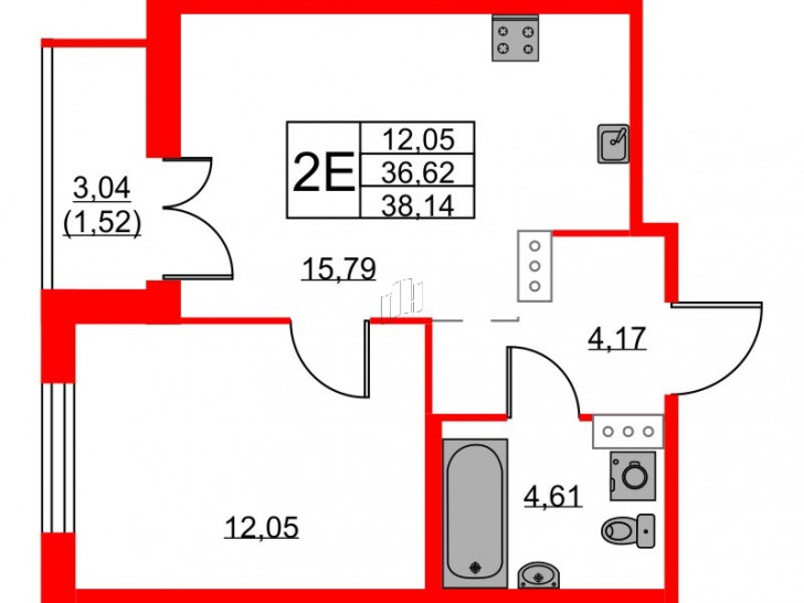 Однокомнатная квартира 38.14 м²