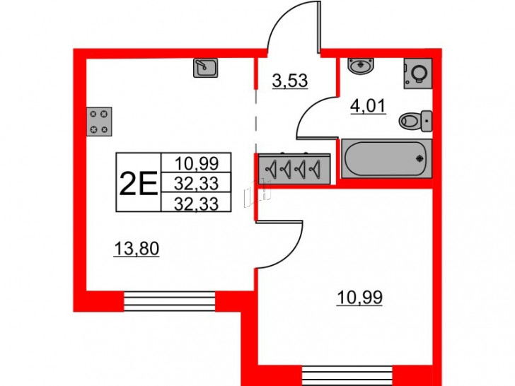 Однокомнатная квартира 32.33 м²