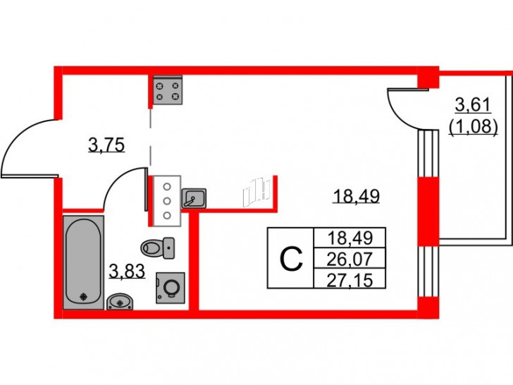 Студия 27.15 м²