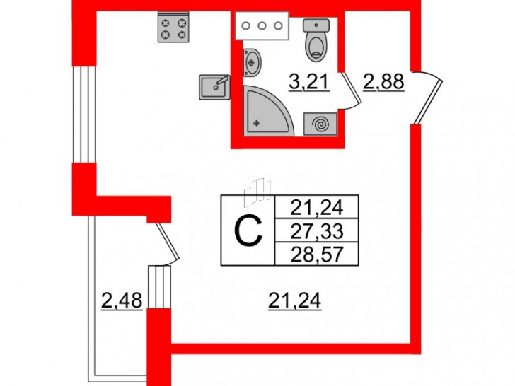 Студия 28.57 м²