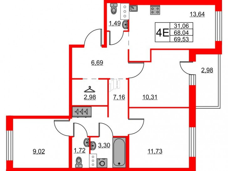 Трёхкомнатная квартира 69.53 м²