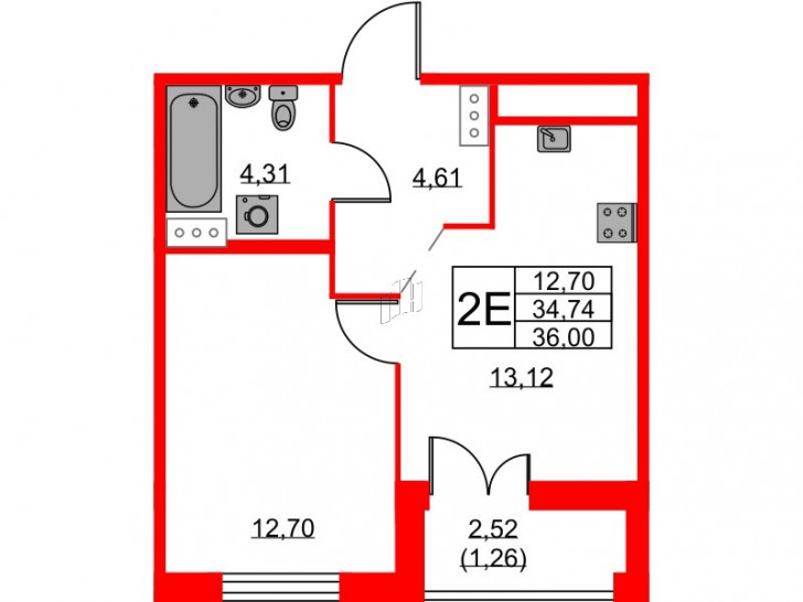 Однокомнатная квартира 36 м²