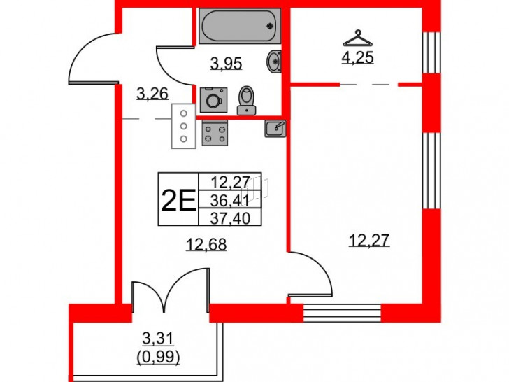 Однокомнатная квартира 37.4 м²