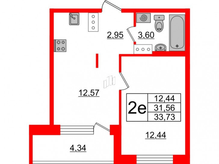 Однокомнатная квартира 33.73 м²