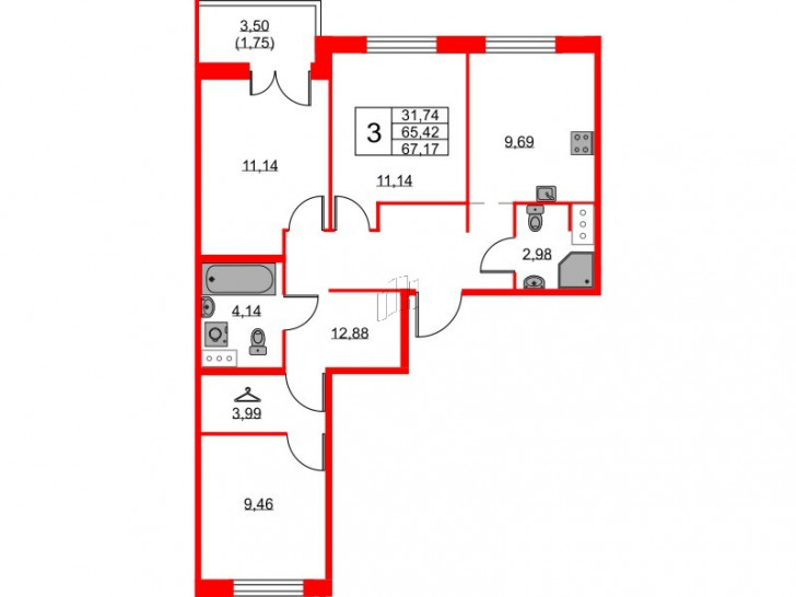 Трёхкомнатная квартира 67.17 м²