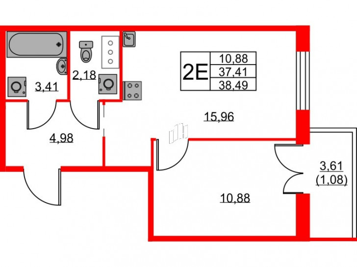 Однокомнатная квартира 38.49 м²