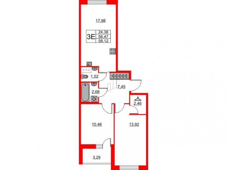 Двухкомнатная квартира 58.12 м²