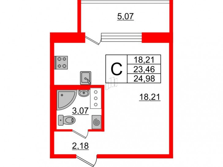 Студия 24.98 м²