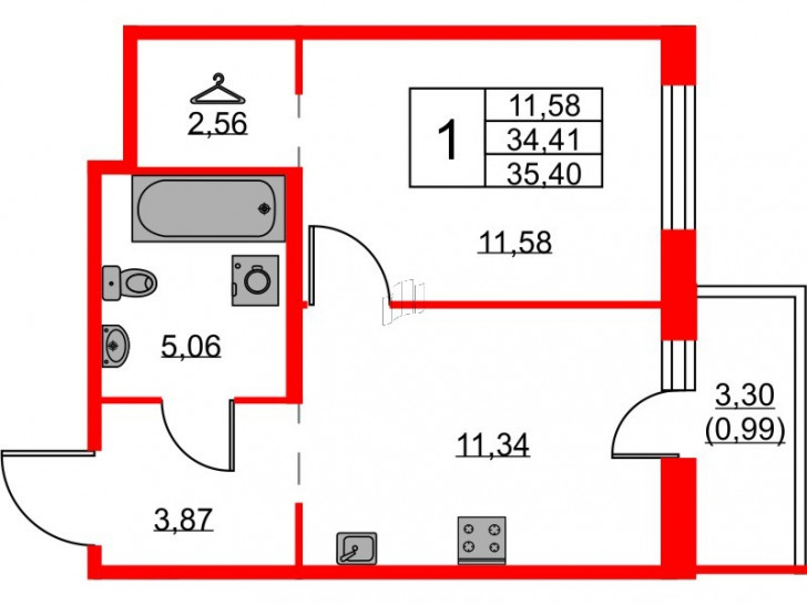 Однокомнатная квартира 35.4 м²