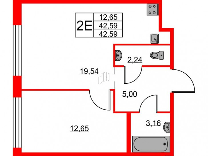 Однокомнатная квартира 42.59 м²