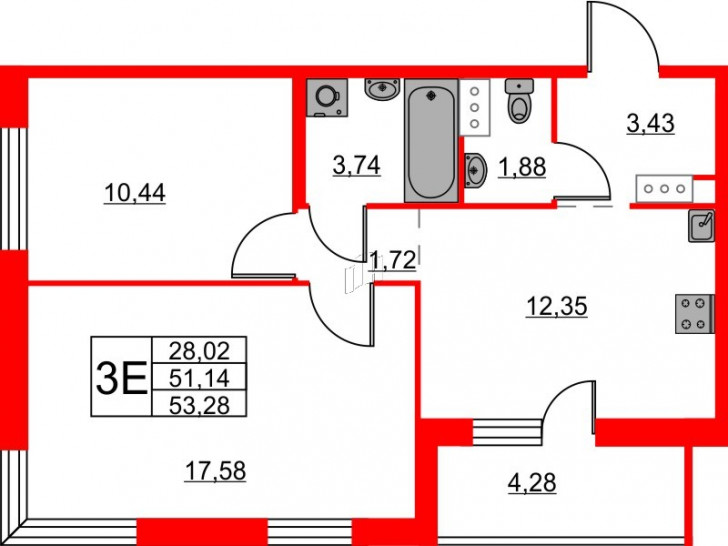 Двухкомнатная квартира 53.28 м²